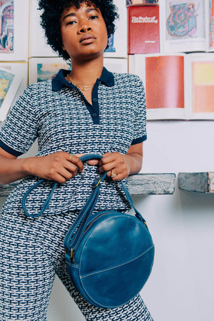 
            
                Load image into Gallery viewer, UnoEth Zuri Leather Circle Bag - Nile Blue - Handmade in Ethiopia
            
        