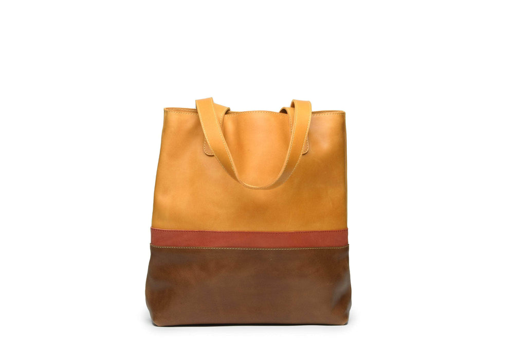 UnoEth Hanna Leather Colorblock Tote - Walnut/Almond Brown - Handmade in Ethiopia