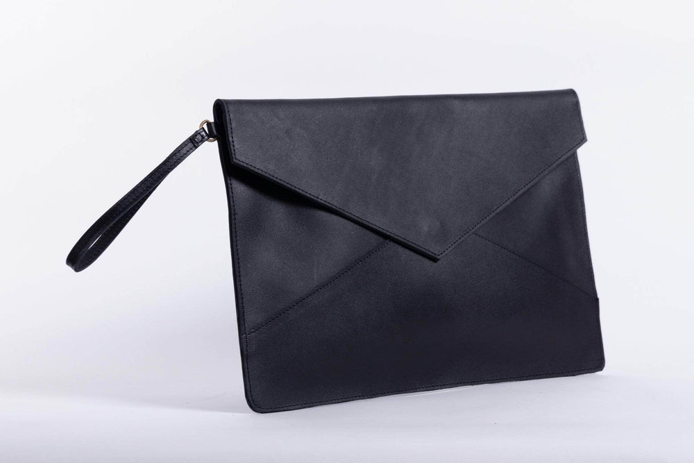 UnoEth Zahra Leather Envelope Clutch - Black - Handmade in Ethiopia.