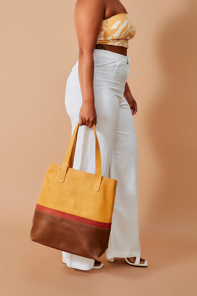 UnoEth Hanna Leather Colorblock Tote - Walnut/Almond Brown - Handmade in Ethiopia