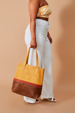 UnoEth Hanna Leather Colorblock Tote - Walnut/Almond Brown - Handmade in Ethiopia