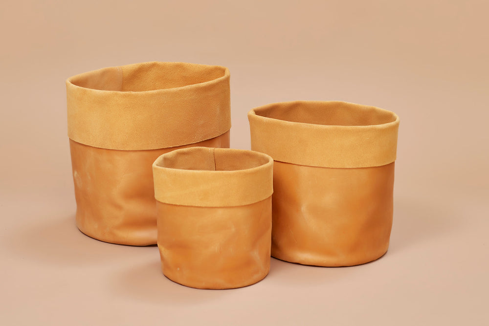UnoEth Salana Leather Storage Basket Set - Walnut - Handmade in Ethiopia